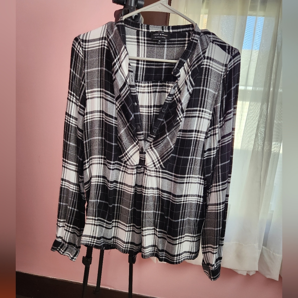 Lucky Brand Women's Medium Top Plaid Bib Front Blouse Black White